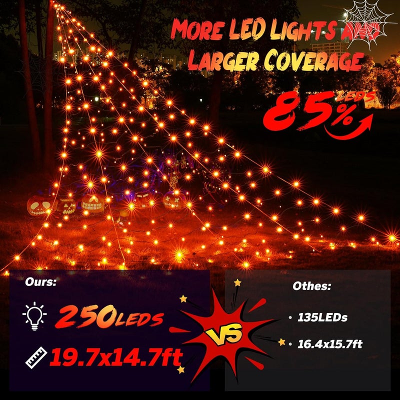 BlcTec Halloween Decorations Giant Spider Web Lights, 19.7ft x 14.7ft Lighted White Spider Web with 250 LEDs, Sturdy Wire Halloween Web Lights with 8 Modes, Waterproof for Yard, Lawn Decor (Orange) - Image 2